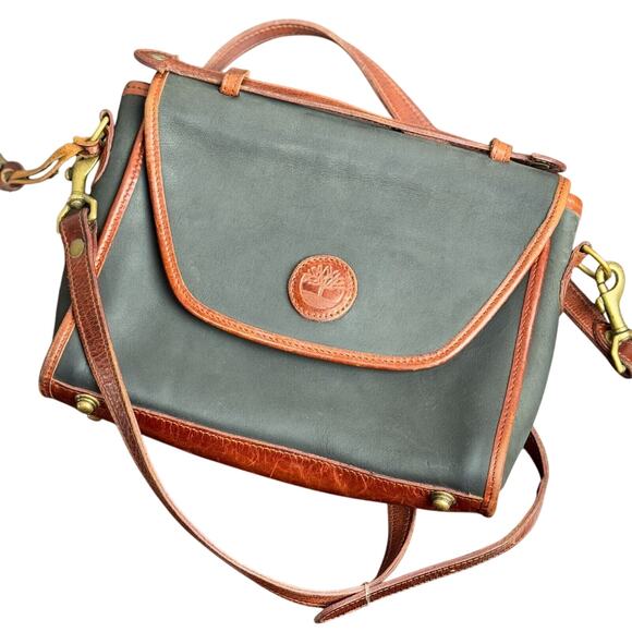 Women's Vintage Timberland Black & Brown Leather Crossbody Messenger Bag Purse - Picture 12 of 12